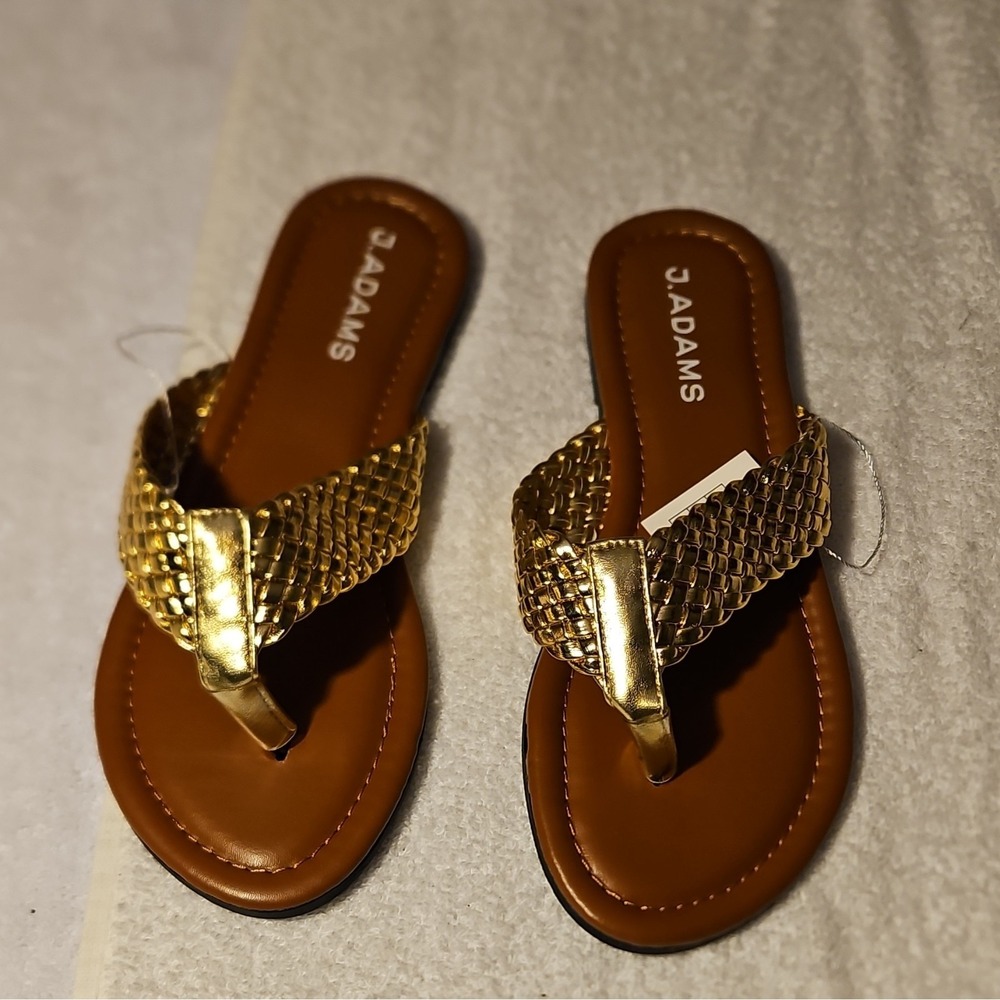 J. Adams Gold PU Braided Strappy Thong Flat Sandals Slip On Women's‎ Size 7.5